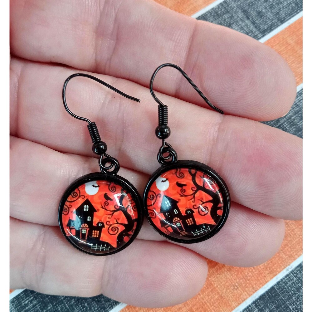 Orange Black Haunted House Classic Halloween Earrings Dangles